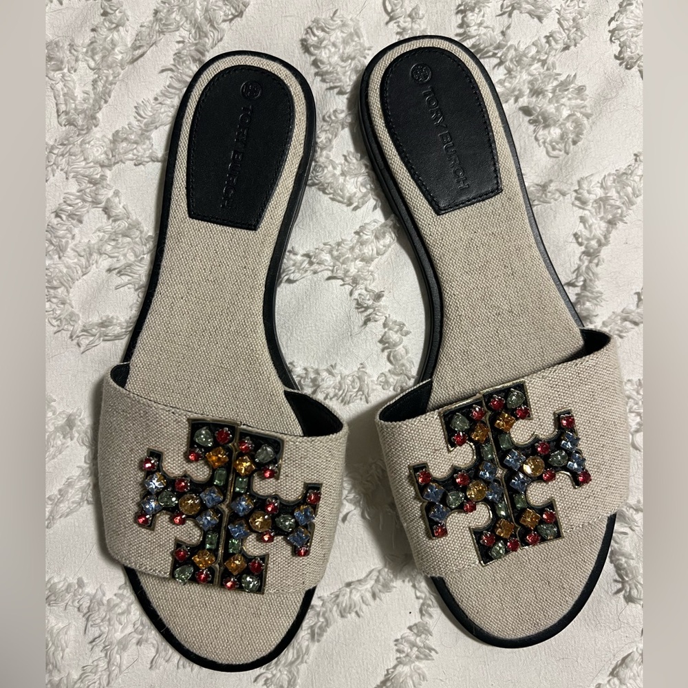 NWOT Tory Burch Ines jeweled linen sandals - Picture 4 of 6